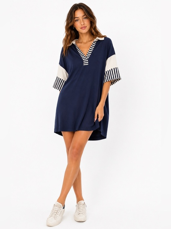 Boutique Dresses & Skirts - Boutique Navy Nautical Collared Sweatshirt Dress XL Oversized Pockets Casual